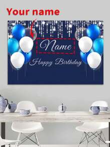 1 件蓝白元素生日派对背景 - 可定制您的名字，银色闪光“生日快乐”设计，6 种尺寸可选，无需电力，适用于室内/室外背景装饰、季节性装饰、派对背景装饰、生日派对氛围装饰