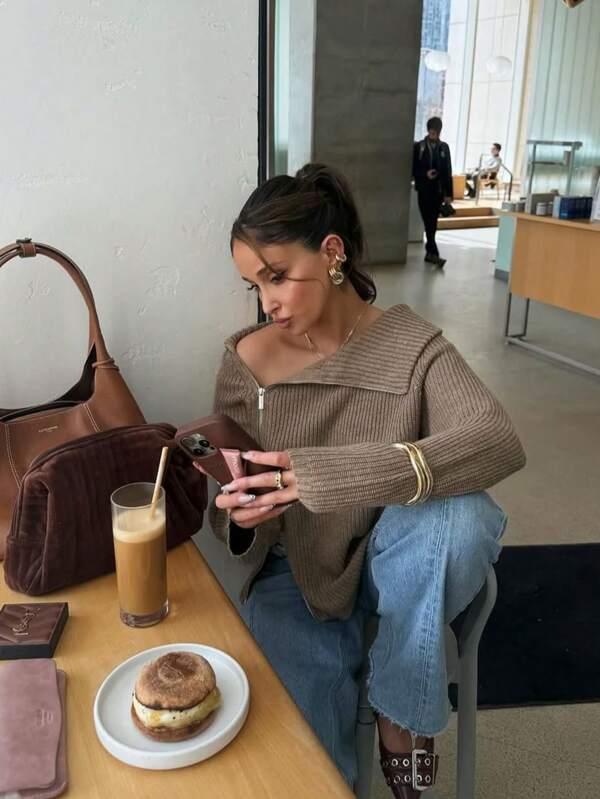 DOVELLE Women's Autumn And Winter New Solid Color Lapel Long Sleeve Knitted Cardigan, Diagonal Zip Design Ribbed Sweater Cardigan, Daily Casual Commuter, Dating Knitted Top