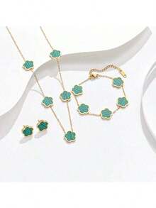 4 件时尚不锈钢 18K 双面珍珠贝壳四叶草项链、手链、耳环、女士简约吊坠、高端锁骨链套装 - 彩色 - 查看 12