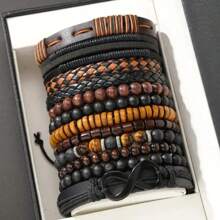 24pcs Men Fashion Accessory Set, Street Style Faux Leather & Wood Bead Bracelets, Versatile Layered Design For Casual Wear, With Multipack For Gifts (Box Not Included)