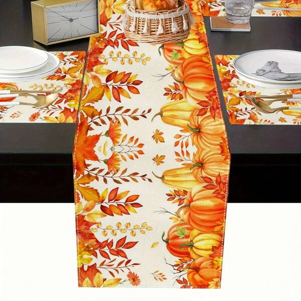 1/4/6/8 Piece Of Halloween Linen Tablecloth With Pumpkin Maple Leaf Pattern, Various Sizes Of 13 X 72 Inch Holiday Kitchen Table Decoration, Dirt-Resistant, Oil-Resistant, Reusable, Home Textile Decoration For Party Celebrations, Home Decoration In Autumn, And Thanksgiving Decoration.