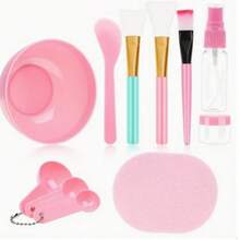 11件DIY面膜搅拌工具套装，含碗、棒、刮刀、硅胶刷、喷雾瓶、粉扑、浸泡瓶量规，粉色DIY面膜搅拌碗套装，硅胶碗，适用于面部 - 粉色 - 粉色 - 查看 10