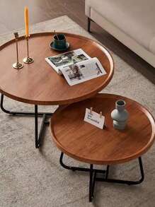 2pcs Set Suitable For Small Spaces Round Coffee Table Set - Modern Multifunctional Lift-Up Footstool With Storage, Minimalist Apartment Living Room Decor, 2pcs Nesting Tables (-Wood)