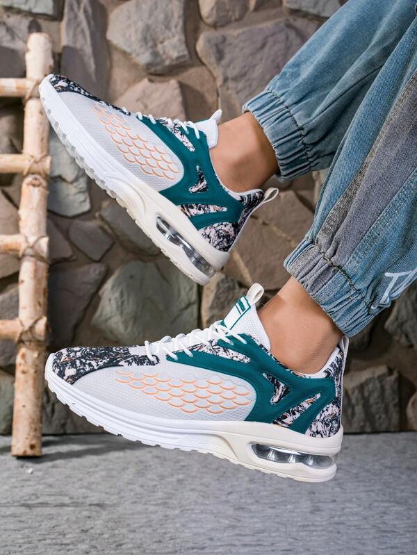 Women's Air Cushion Shock Absorbing Low Top Lace-Up Sneakers, Color Blocking Mesh Fabric Athletic Casual Running Shoes, All Season