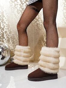 Damen Schneestiefel Einfarbig in Große Größen, Neu 2025 Herbst/Winter, rutschfest zum Anziehen, flauschiger Kunstpelz, dicke Fütterung, Mode, minimalistisch, sexy, luxuriös, elegante Kunstpelz Party Beige Stiefel