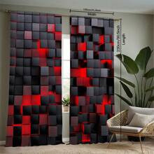 2pcs Semi-Blackout Curtains With Grommet Top - Modern Geometric Red & Black Print, 100% Polyester Peach Light Beige Fabric, Machine Washable For Bedroom, Living Room, Office, Kitchen - All-Season Home Decor, Living Room Curtains, Privacy Window, Contemporary Window Style, Soft Texture Fabric