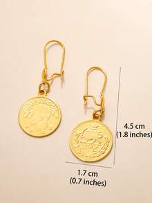 1pair Reconstructed Human Head Coin Earrings Golden Round-Shaped Earrings Suitable For Ladies' Daily Wear - Yellow Gold - View 4
