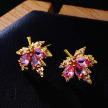 1 Pair Women's Fashionable Earrings, Elegant & Luxurious Maple Leaf Shaped Copper Inlay Synthetic Zirconia, Suitable For Daily, Party, Festival And Couple Gift