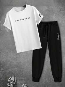 2pcs/Set Men's Fashionable Casual English Text Short Sleeve T-Shirt And Pants Set, Suitable For Street, Outdoor, And Daily Wear - White - View 2