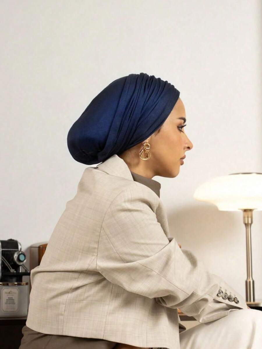 1pc Women's Versatile Classic Solid Color Headscarf Hijab, 3 Different Wearing Methods, Elastic, Soft Modal Fabric, Comfortable For Daily, Sports, Yoga - Navy Blue - View 1