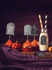 12 件万圣节纸杯蛋糕装饰墓碑蛋糕签墓地蛋糕装饰墓碑蛋糕签恐怖万圣节纸杯蛋糕装饰万圣节恐怖派对 - 彩色 - 查看 5