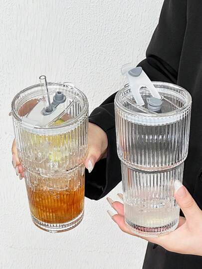 1/2/5 szt. 600 ml, duża pojemność, kubki na zimne napoje, kubki do soków, kubki do kawy z pokrywkami i słomkami, kubki szklane w pionowe paski, kubki na wodę. Z pokrywkami i słomkami, wzór w pionowe paski, odpowiednie do wody pitnej, soków, mrożonej kawy, do użytku w gospodarstwach domowych, hotelach, na imprezach, w restauracjach itp.