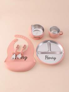 6PCS Print On Demand Silicone Bib Stainless Steel Cup Spoon Fork Sets Self Feeding Training Bowl Plate With Suction Base Tableware Sets, Shower Gift, Led Weaning, Personalized Gift - Multicolor - View 4