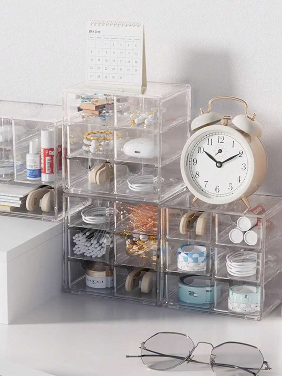 1 pieza Caja expositor de joyería transparente multinivel, organizador a prueba de polvo de gran capacidad para cajón o escritorio - transparente - Ver 1