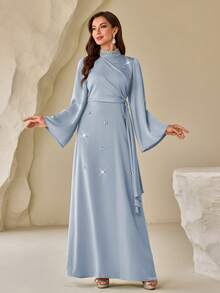 Vestido elegante de satén con cuello Mao, cuello de perlas, largo elegante y lazo lateral, para primavera - Neblina azul - Ver 5