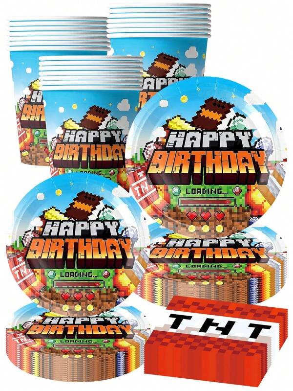 My World Pixel Wars Disposable Tableware Set - 10Pcs 9/7" Plates, 9oz Cups & Napkins With Block & Character Print For Kid's Birthday, Game Theme Party & Game Night Gatherings