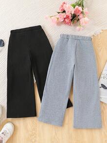 Set de 2 pantalones rectos estriados de estilo casual para niña joven, cómodos y versátiles para uso diario y al aire libre, apropiados para primavera y verano - Multicolor - Ver 2