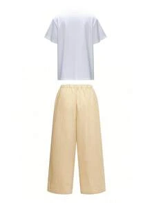 Plus Size Lemon Print T-Shirt And Plaid Wide Leg Pants Set - Casual Matching Set, Comfortable Autumn Outfit, Easy Women's Two Pieces Styling, Street Style, Outdoor Wear Elegant Summer - Multicolor - View 3