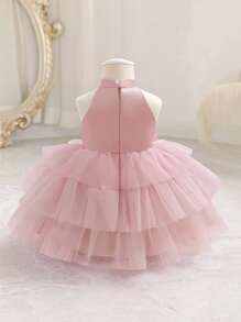 Baby Girls' Elegant Fuchsia Sleeveless Floral 3D Mesh Princess Dress, Adorable Party Gown Suitable For Girl's 1st Birthday, Wedding, Banquet, Holiday, Festival Celebration