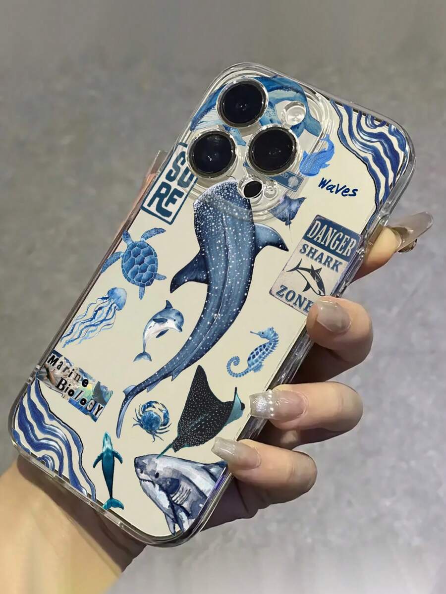 1 件蓝色水彩鲨鱼海洋生物设计柔软 TPU 保护手机壳，适用于 16、15、14、13、12、11、X、Pro Max、Plus、Mini、17 ProMax、17 Pro、17 Air、17 - 無色 - 查看 1