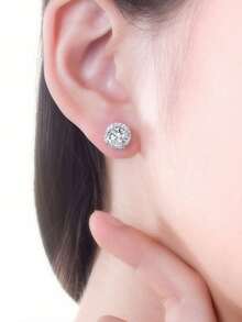 Cubic Zirconia Decor Stud Earrings - Silver - View 4