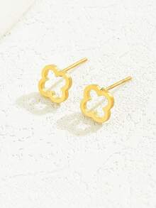 1 par de pendientes tipo botón vintage con trébol y copo de nieve para mujeres, pendientes de cartílago simples y versátiles - Amarillo Oro - Ver 3