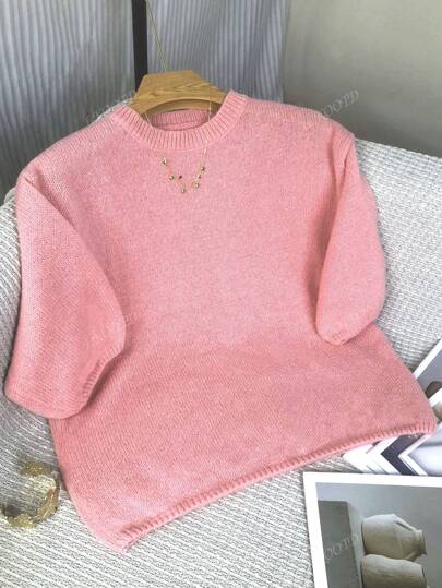 Women's Sweet Girl Style Casual Soft Solid Color Crew Neck Short Sleeve Knit Pullover Sweater, Suitable For Spring, Autumn & Winter