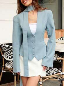 Women's Solid V-Neck Scarf Decor Button Front Casual Blazer Jacket, Long Sleeve, Office Wear, Spring/Autumn - Blue - View 1