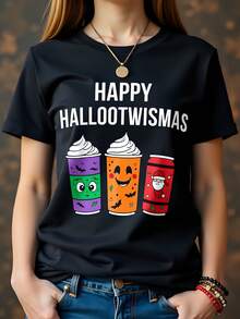 Camiseta de mujer de 180g, color negro, 100% algodón, cuello redondo, con estampado divertido de bebidas festivas "Happy Hallootwismas", ideal para Halloween y Navidad, manga corta, estilo casual. - Negro - Ver 1