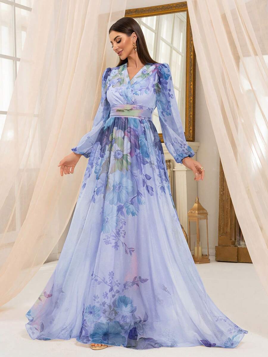 Đầm maxi nữ cổ chữ V tay phồng in hoa ngẫu nhiên, thanh lịch cho kỳ nghỉ xuân. - Màu xanh lam - Xem 1