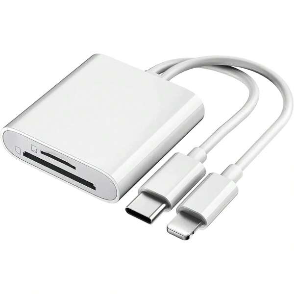 Lector de tarjetas 2 en 1, lector de tarjetas portátil con conector Type-C + Lightning, lector de tarjetas de doble ranura, compatible con iPhone, iPad y cámara