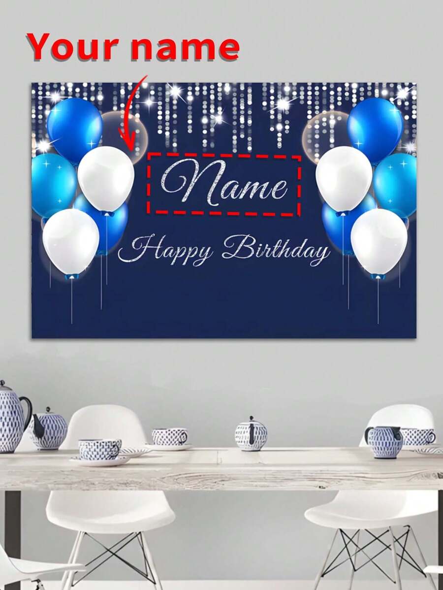 1 件蓝白元素生日派对背景 - 可定制您的名字，银色闪光“生日快乐”设计，6 种尺寸可选，无需电力，适用于室内/室外背景装饰、季节性装饰、派对背景装饰、生日派对氛围装饰