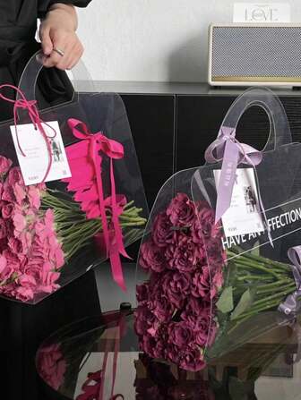 1件透明玫瑰鲜花包装袋耗材PET花束手提袋包装袋DIY礼品包装盒婚庆用品，圣诞礼品袋，圣诞玫瑰鲜花包装袋