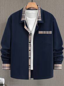 男士格子拼接单排扣长袖休闲商务衬衫