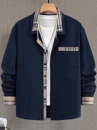 Men's Plaid Patchwork Single Breasted Long Sleeve Casual Business Shirt