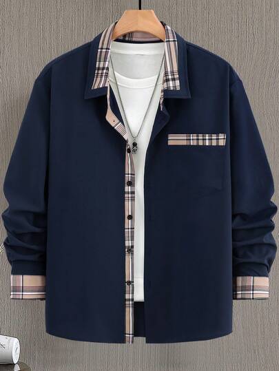 男士格子拼接单排扣长袖休闲商务衬衫