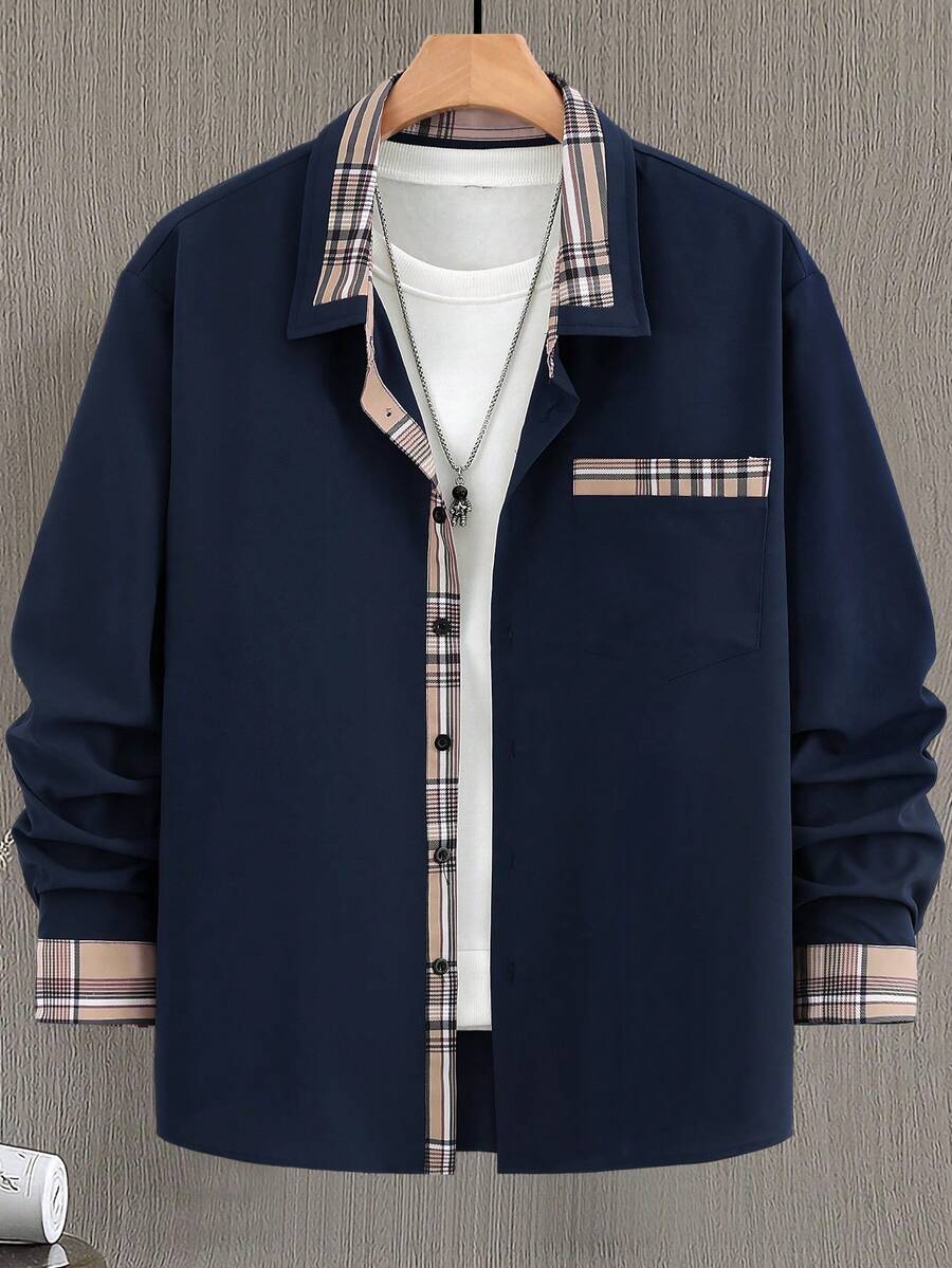 男士格子拼接单排扣长袖休闲商务衬衫