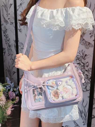 日本新款Y2K时尚逛街休闲简约街头通勤大容量女生学院风油蜡皮透明徽章痛包多功能单肩包斜挎包可放粒面可挂钥匙扣可放明信片可参加漫画展