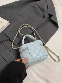 女士时尚 PU 手提包，菱形绗缝迷你斜挎包，配有链条肩带、润唇膏和零钱包，适合春夏季