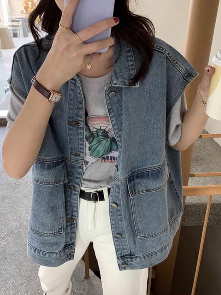 秋のレイヤリングに最適な女性用ゆったりフィットデニムベスト - ブルー - 見る 4