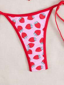 2 piezas Conjunto de bikini de mujer con estampado de cerezas, escote halter, para vacaciones en la playa con ribete contrastante, para verano - Multicolor - Ver 4