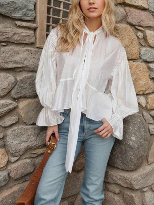 1pc Fashionable Tie-Waist Drop Shoulder Blouse, Ruched Flare Cuff Long Sleeve Solid Color Knotted Ruffle/Flounce Hem Shirt