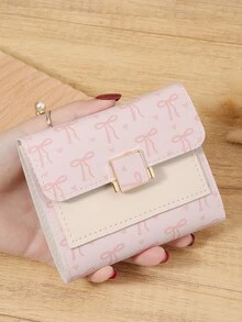 Pink Bow Love Pattern Fold Over Small Wallet Pocket Wallet Small Purse Bifold Slim Women Wallet Lightweight Portable Credit Card Key Case Short Wallet Cute Modern Fashion For Birthday Gift Christmas Anniversary Women Girls Lady,Business,For Anniversary,For Christmas,On Valentine Day,For Birthday Gift,For Gift,For Lover For Women,For Girls,For Lady,For Female,Bag School Supplies For School Dorm Room & Back To School - Pink - View 4