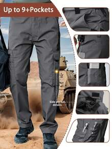 Men's Solid & Camo Print Pockets Zipper Waterproof Tactical Cargo Pants Without Belt, Regular Fit Sporty Pockets Durability Trousers For Fall, Wear-Resistant Outdoor Training Pant For Men - 灰色 - 查看 4