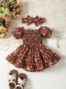 Baby Girl Embracing Bubble Sleeves Flower Printed Skirts Ha Yi - màu nâu - Xem 2