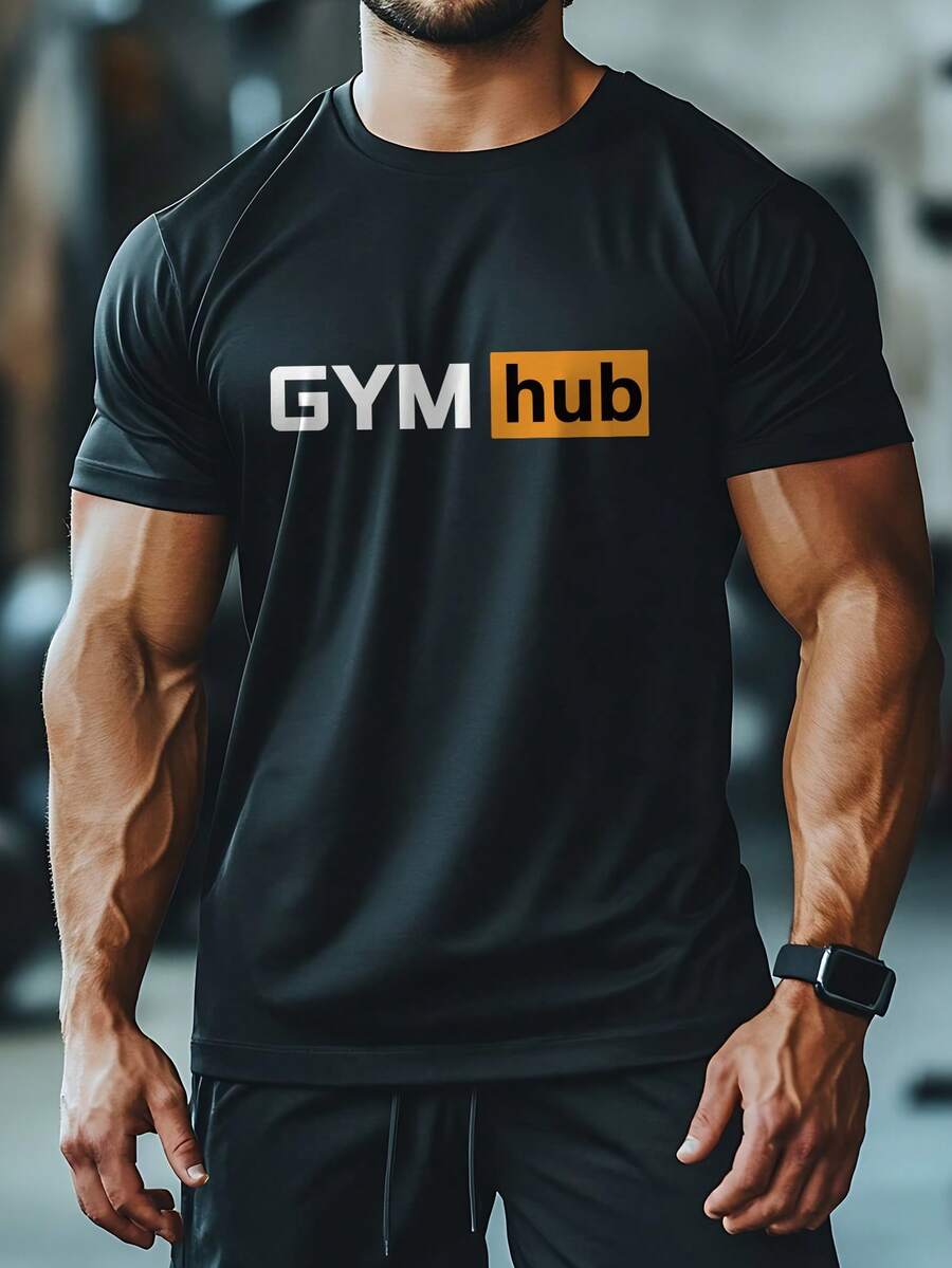 Men's Breathable Casual Short Sleeve Round Neck T-Shirt, Gradient Pattern, Polyester Blended, Machine Washable, Suitable For Summer Sports, Leisure, Fitness Activities Black - Black - View 1