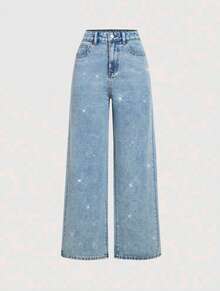 Women's Wide Leg Flare Jeans With High Waist Bag With Glitter Simple Casual Pocket Button Zipper - Màu xanh lam - Xem 1