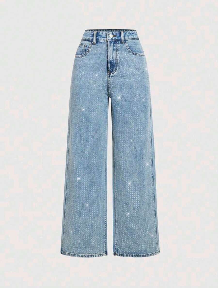 Women's Wide Leg Flare Jeans With High Waist Bag With Glitter Simple Casual Pocket Button Zipper - Màu xanh lam - Xem 1