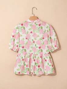 Acelitt 夏季粉色花卉印花V领荷叶边休闲短袖衬衫度假 - 粉色 - 查看 4