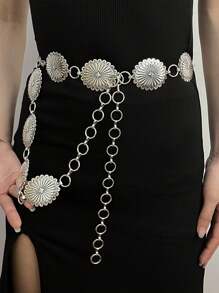 1pc Western-Style Women's Vintage Carved Buckle Black Textured Metal Waist Belt, Pair With Cowboy Jeans